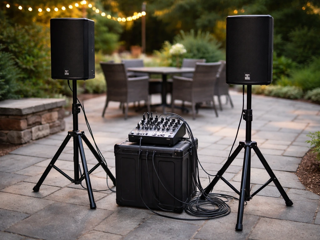 Close-up of outdoor patio speakers and an amplifier setup near the venue.