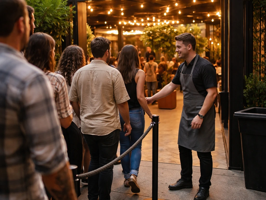Patio nightclub entrance with staff guiding guests as the area stays clean and orderly in a light crowd