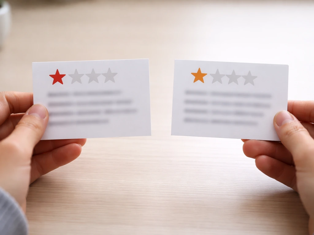 Handheld cards showing low-star reviews concept, with blurred background and contrasting tones