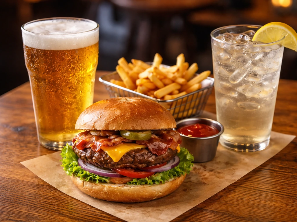 Sports bar meal spread: fresh beef burger with fries and a couple of classic cold drinks, evoking happy hour value.