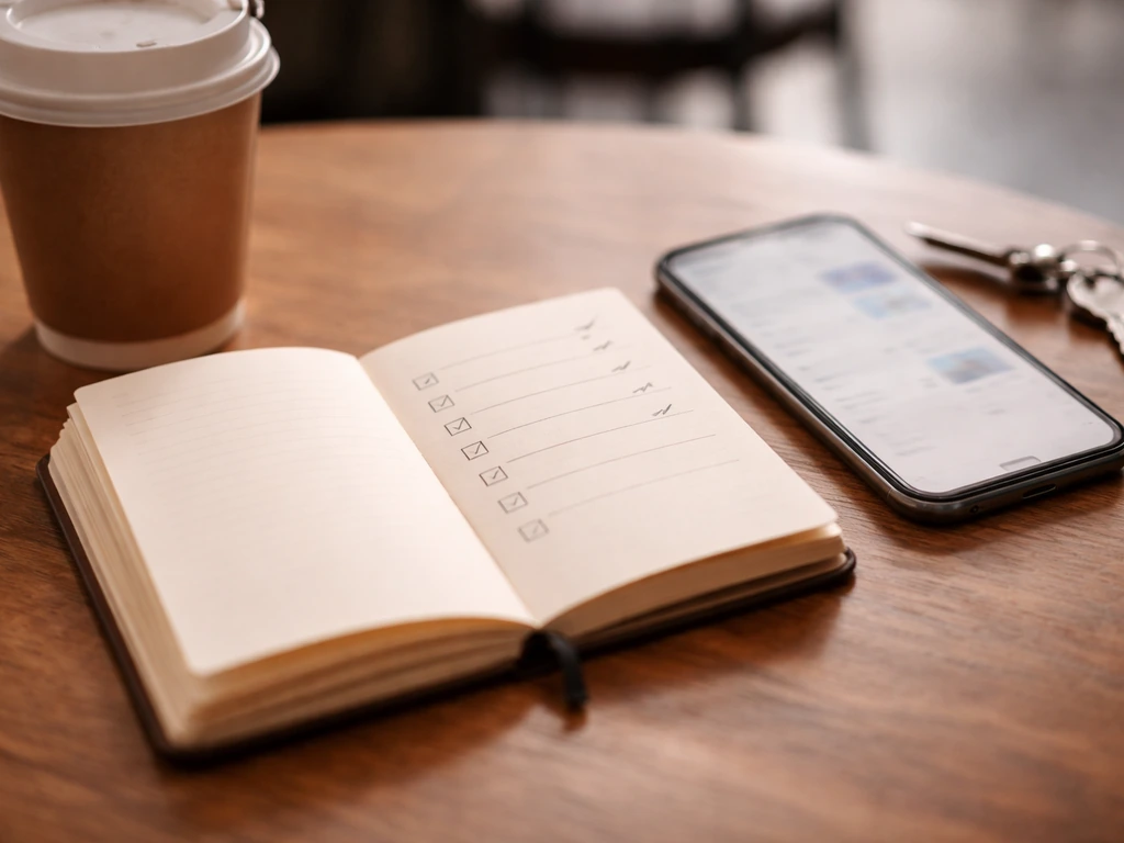 Close-up of a planner page with a highlighted checklist and a phone showing a calendar-style day schedule