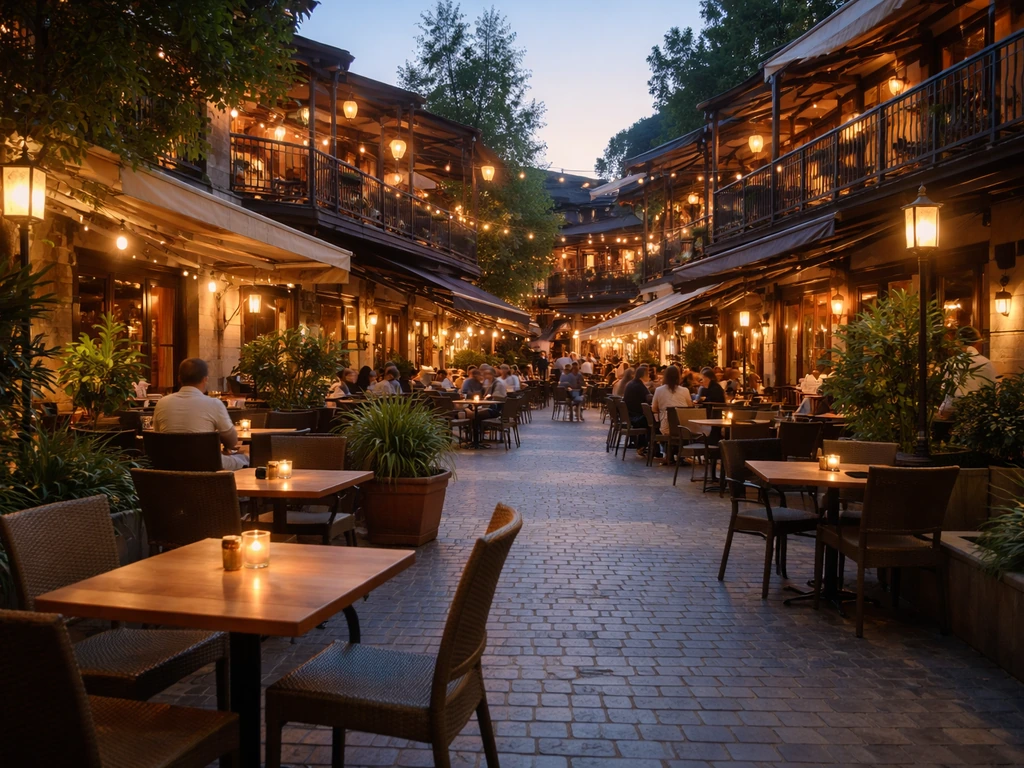 Cinematic view of Patio Bellavista’s outdoor courtyard with terraces, walkways, warm lights, and anonymous diners.