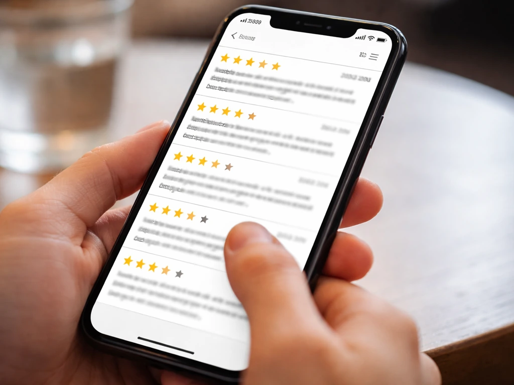 Person scrolling on a phone while viewing review ratings, highlighting dates and recent comments