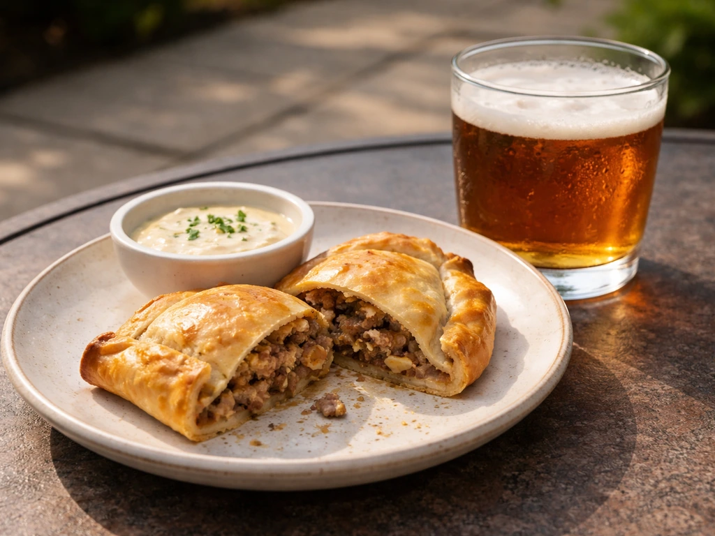 Close-up of Chilean comfort food on a patio table with a chilled amber beer.