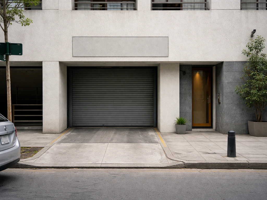 Minimal view of a building entrance and nearby parking access on a Santiago street.
