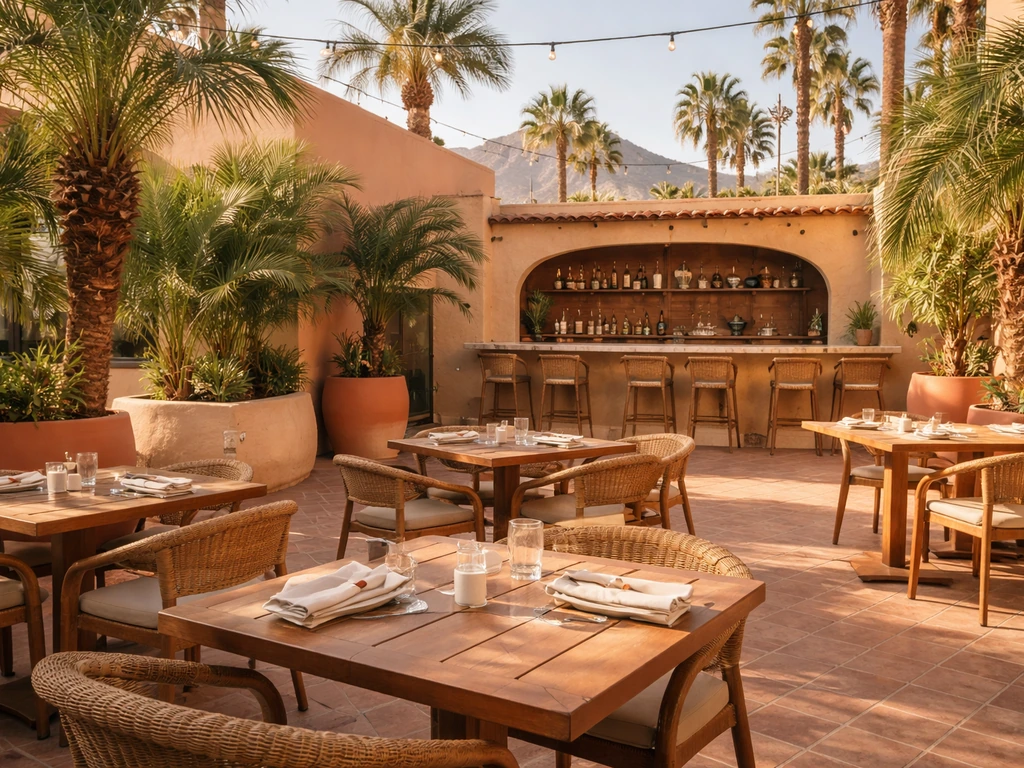 Sunlit upscale Palm Springs patio with palms, outdoor seating, and a small bar area in warm desert tones.