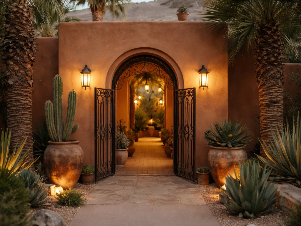 Front entrance of a Palm Springs desert venue with arched doorway and potted plants, no people visible.