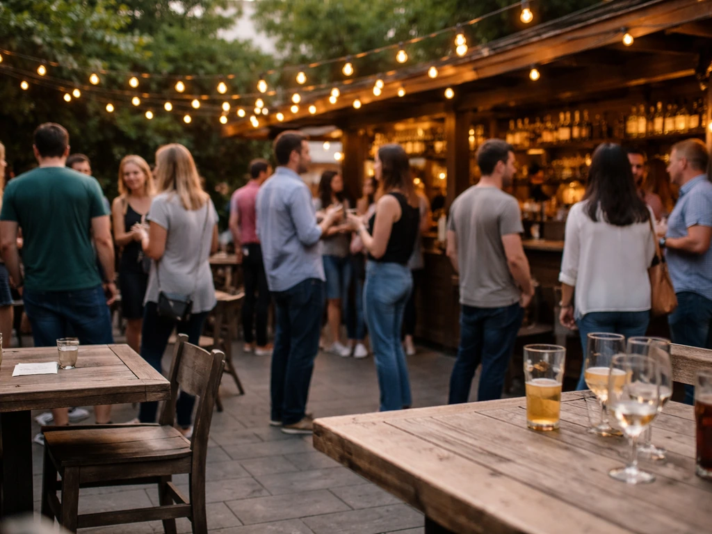 Lively rear patio near an outdoor bar with friends mingling and warm evening ambiance