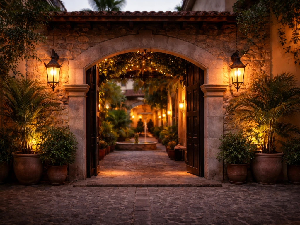 Entrada del Hotel Dos Patios Querétaro con luces cálidas al atardecer, fachada de piedra y ambiente nocturno.