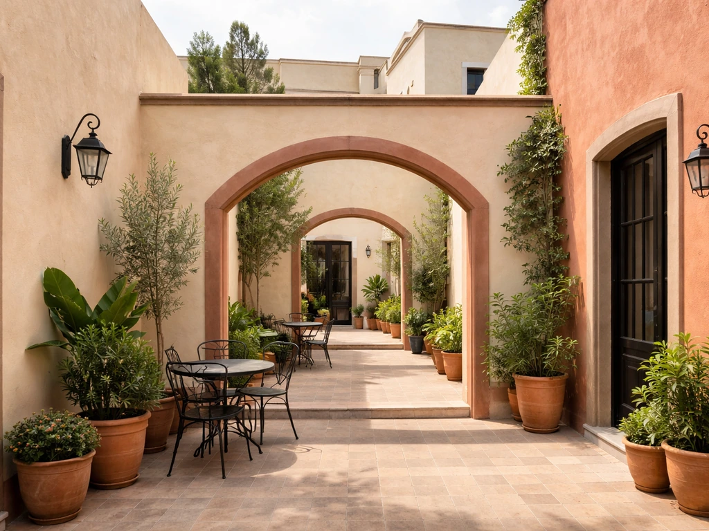 Exterior of a boutique hotel courtyard in Querétaro, Mexico, showing a distinctive “Dos Patios” setting