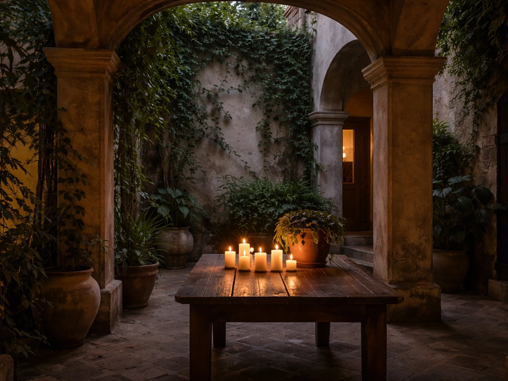 Patio colonial íntimo con vegetación, velas y arquitectura de piedra, ambiente cálido y tranquilo