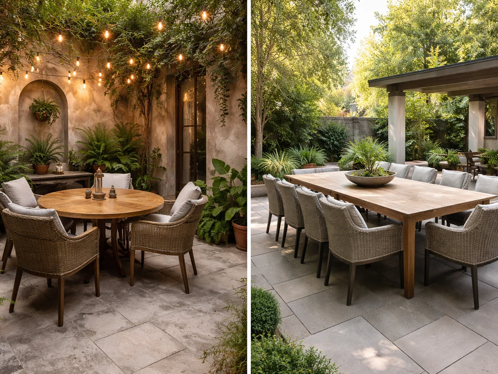 Dos patios con mesas: uno íntimo y otro amplio, mostrando distinta capacidad y distribución del mobiliario.