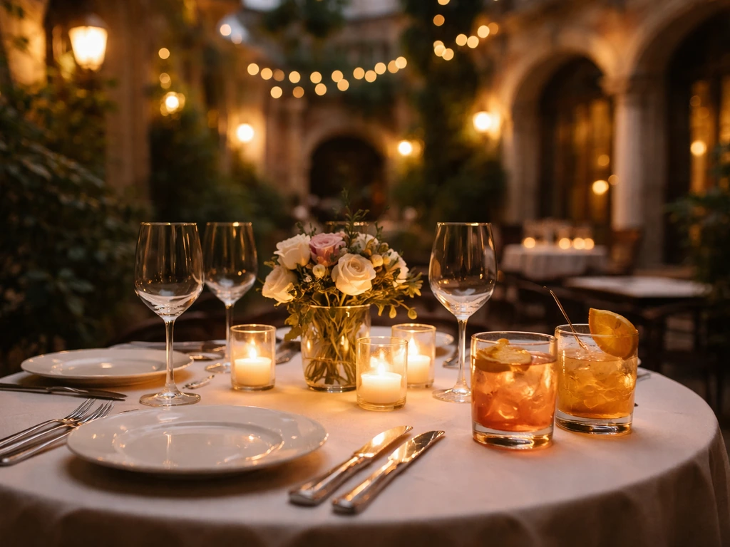 Mesa de cena romántica con velas y tragos en un patio del Centro Histórico.