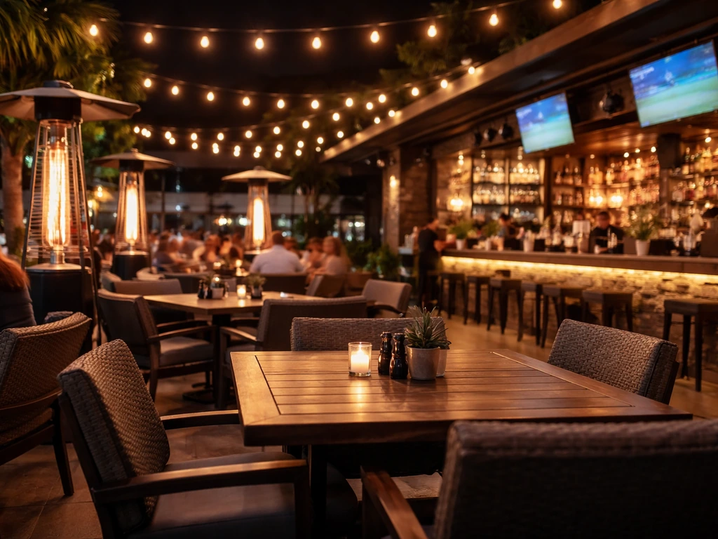 Lively outdoor patio at night with warm lights, heaters, TVs, and a busy bar atmosphere in South Tampa.