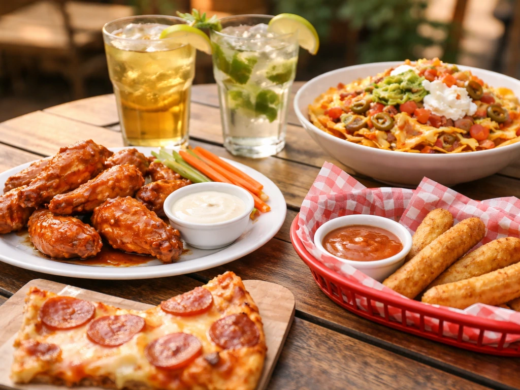 Bar-food spread with wings, pizza, nachos, mozzarella sticks, and drinks on a simple table