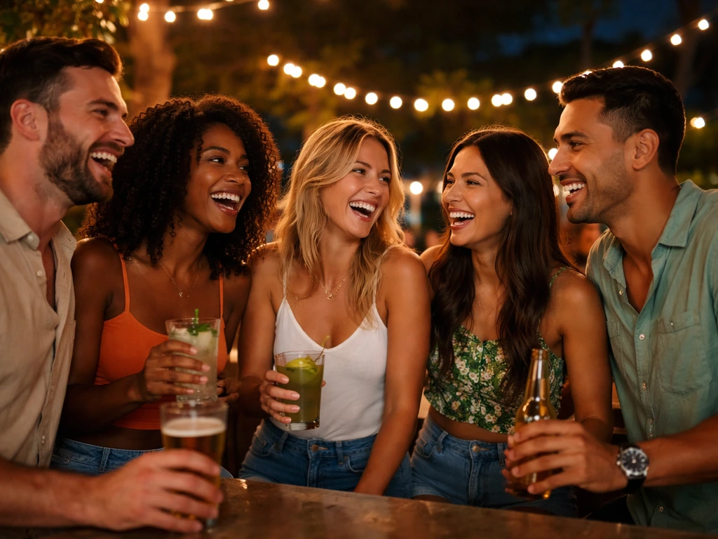 Friends laughing on an outdoor patio at night, lively bar atmosphere with warm lights