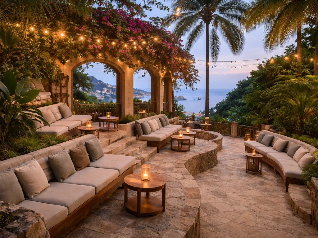 Adults-only terraced patio with tropical greenery and lounge seating overlooking a hilltop view.