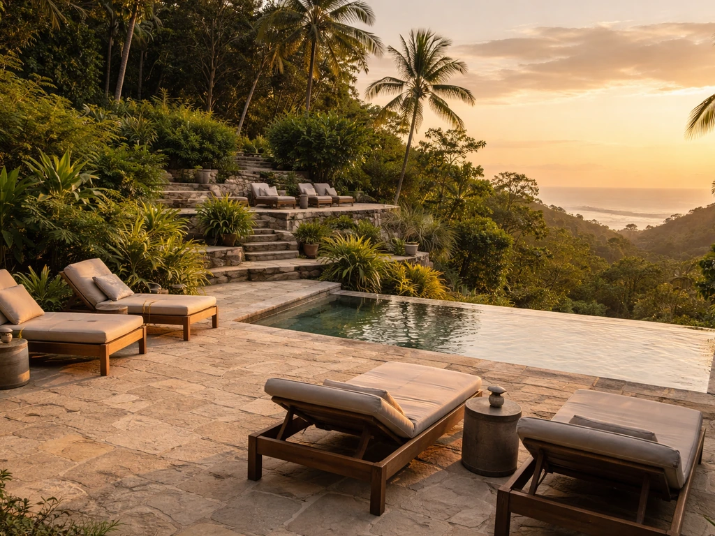 Terraced tropical patio with lounge chairs and layered views receding up a hillside.