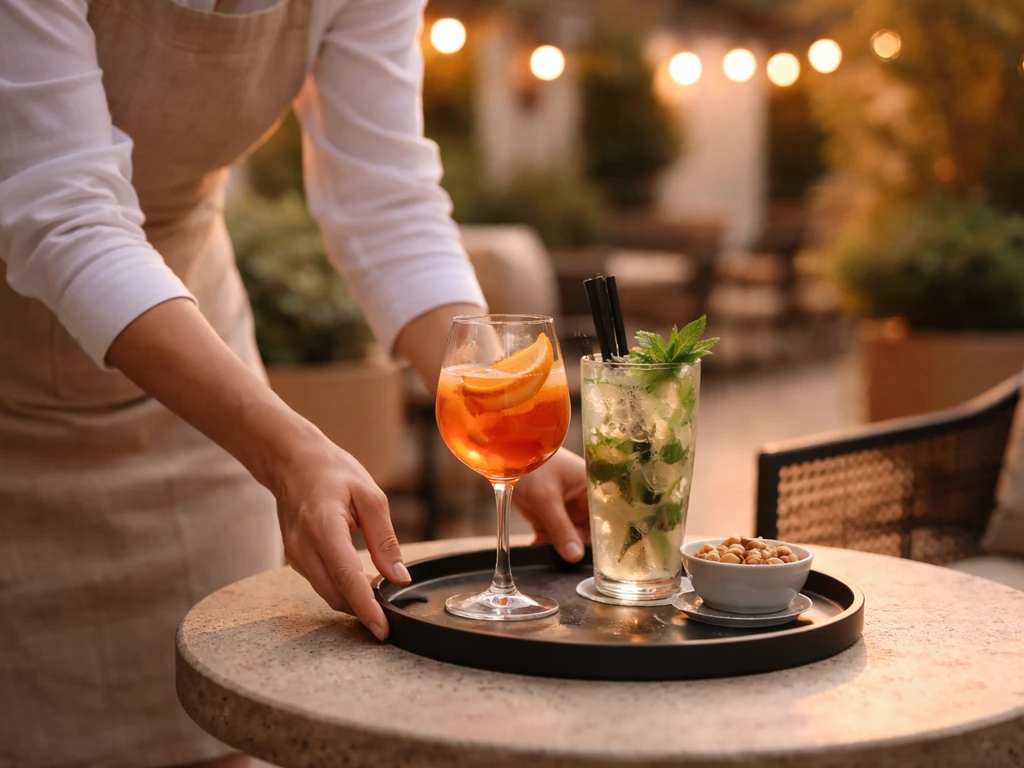 Hotel patio staff member serving drinks to a guest table in warm, late-afternoon light.