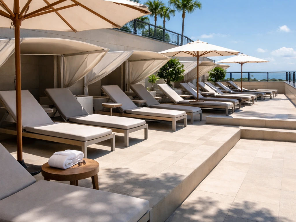 Lounge chairs on a clean terrace with umbrellas providing shade and sun.