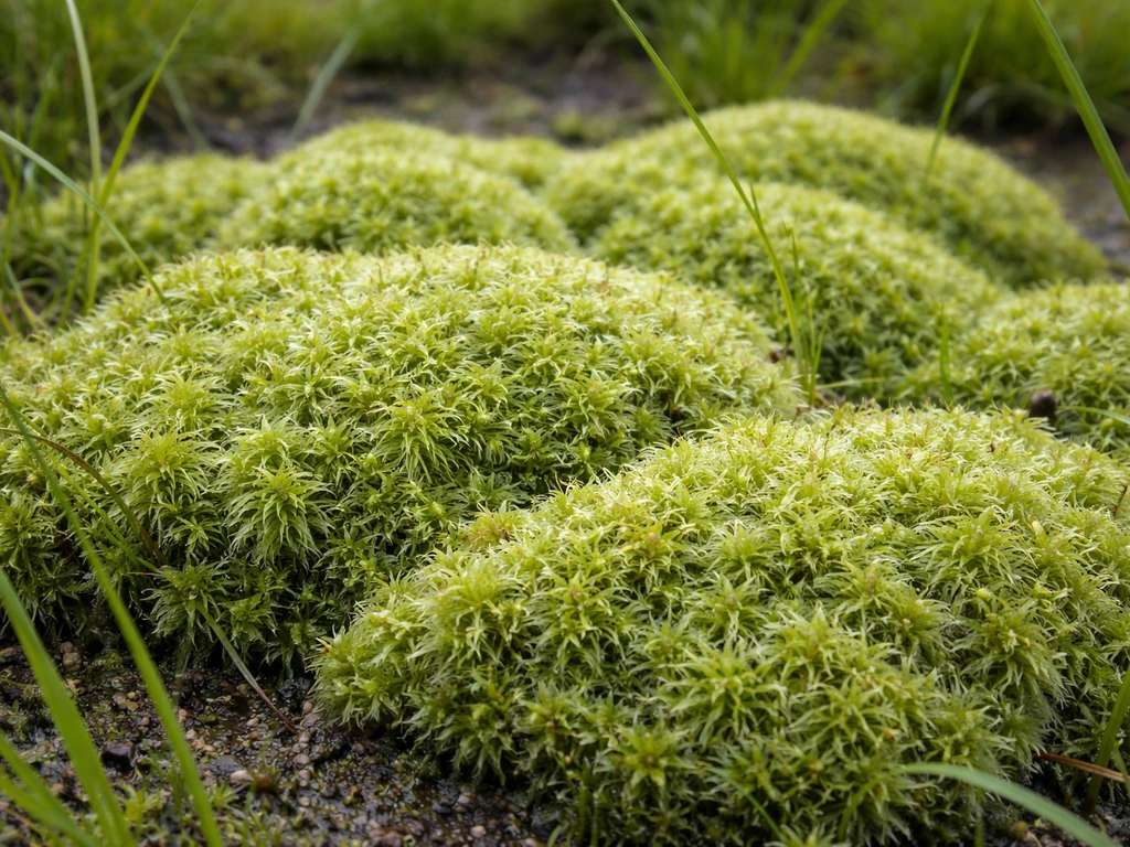 Close-up van bol veenmos in een nat gazon, met sponsachtige tapijtstructuur en groene grassprieten.