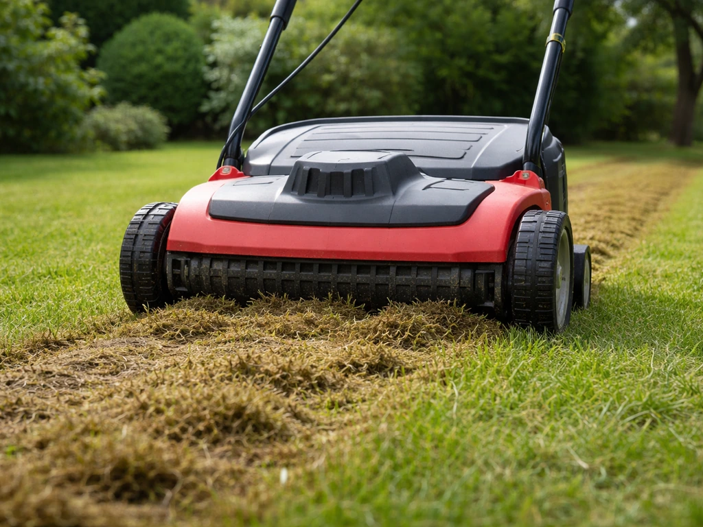 Verticuteermachine die met 2–3 mm werkdiepte vilt en mos uit het gazon loshaalt.