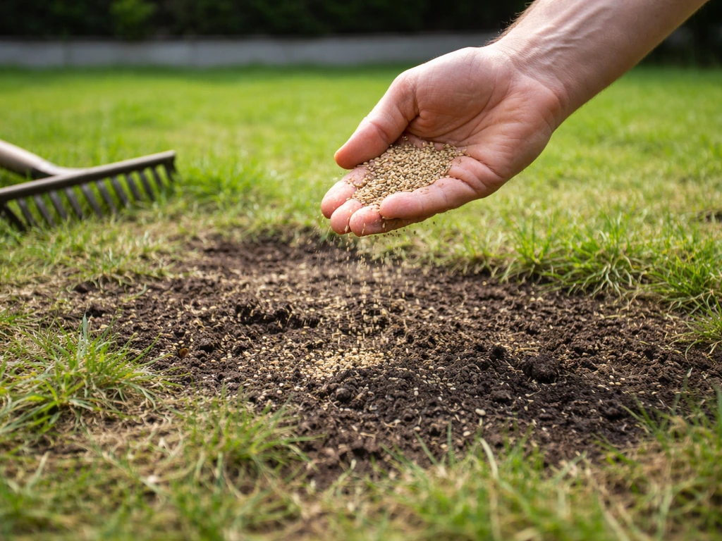 Detail van opengevallen gras na verticuteren met ingezaaid grasmengsel op losse, donkere bodem.