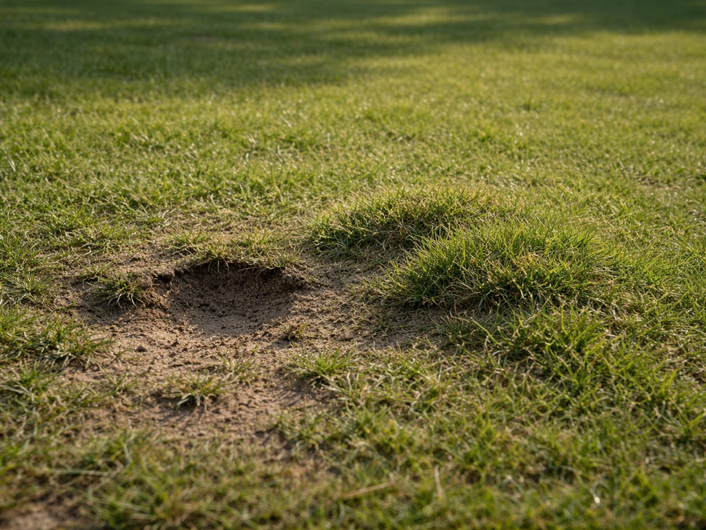 Close-up van een ongelijk gazon met een kleine kuil en bobbel, zichtbaar zand tussen het gras.