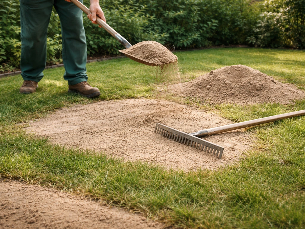 Gezeefd gazonzand wordt op een kuil op het gazon uitgebracht, uitgeharkt en licht aangedrukt voor een vlak resultaat.