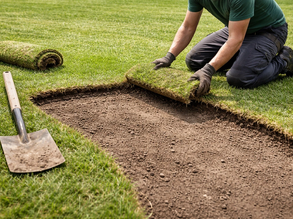 Tuinman schept de bovenste zode op bij een gazon dat lager ligt; aarde en ondergrond zijn zichtbaar.