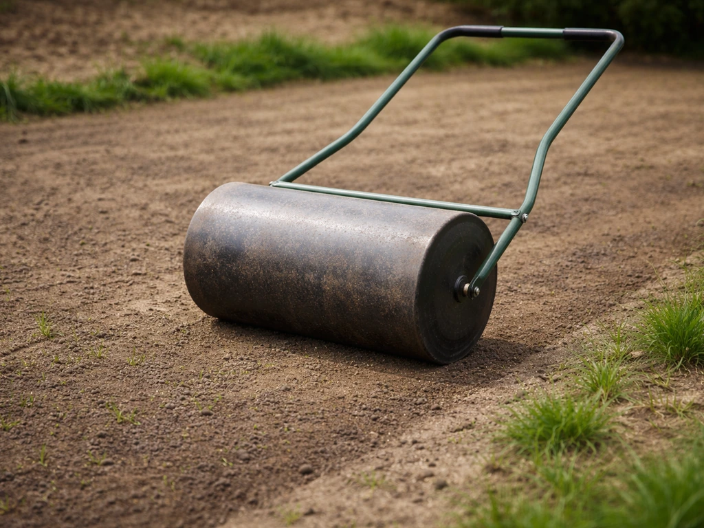 Gazonroller rolt over een egaal voorbereid gazonoppervlak met dun gras, als nazorg voor doorzaaien.