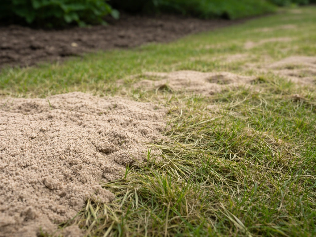 Close-up van gras dat bedolven raakt door een te dikke, in één keer opgebrachte zandlaag