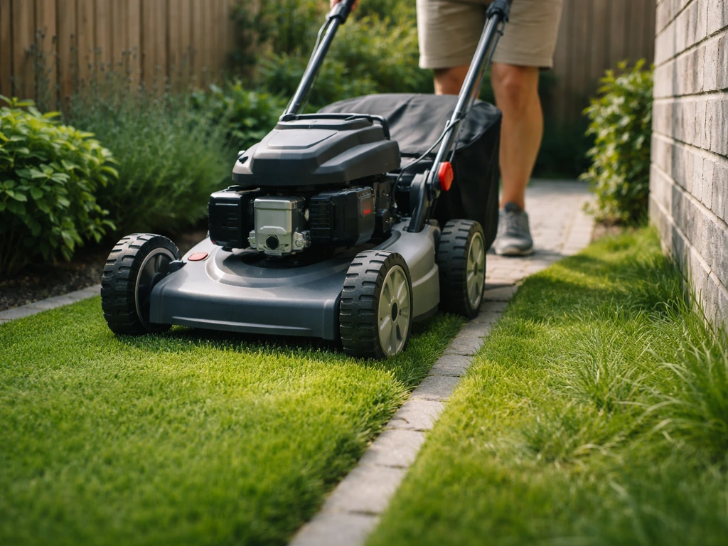 Compacte grasmaaier rolt langs een kleine, strak afgewerkte gazonrand bij smalle doorgang