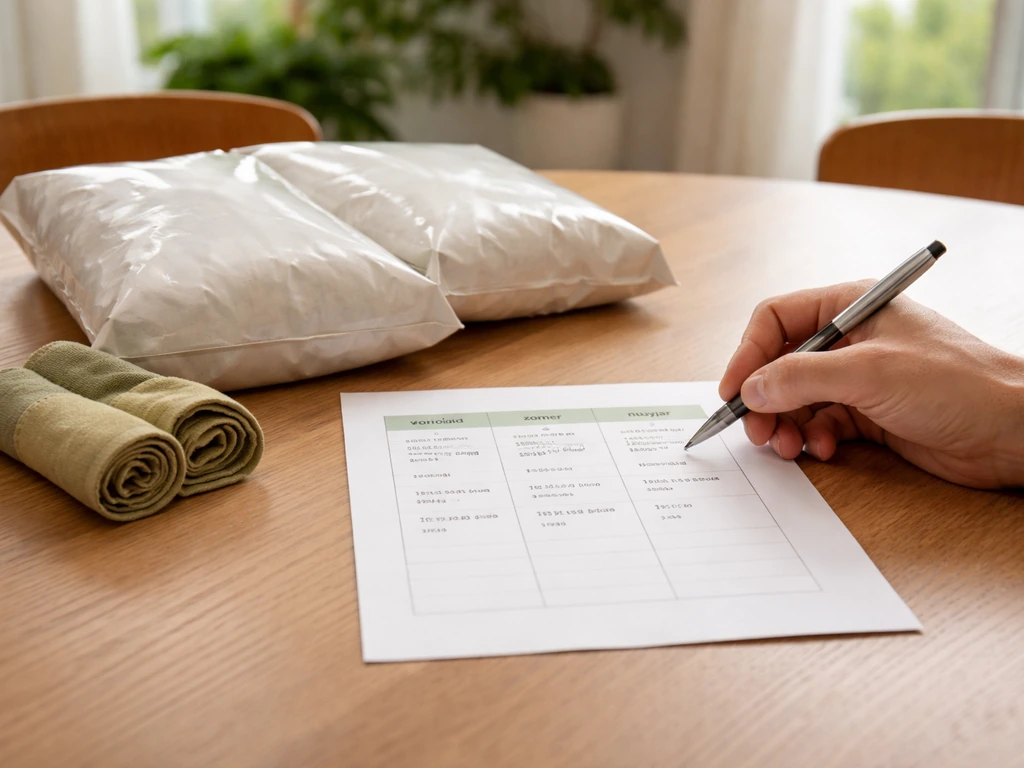 Hand legt een lege bemestingskalender en mestzakken op tafel voor een gazonplan met doseringen per m²