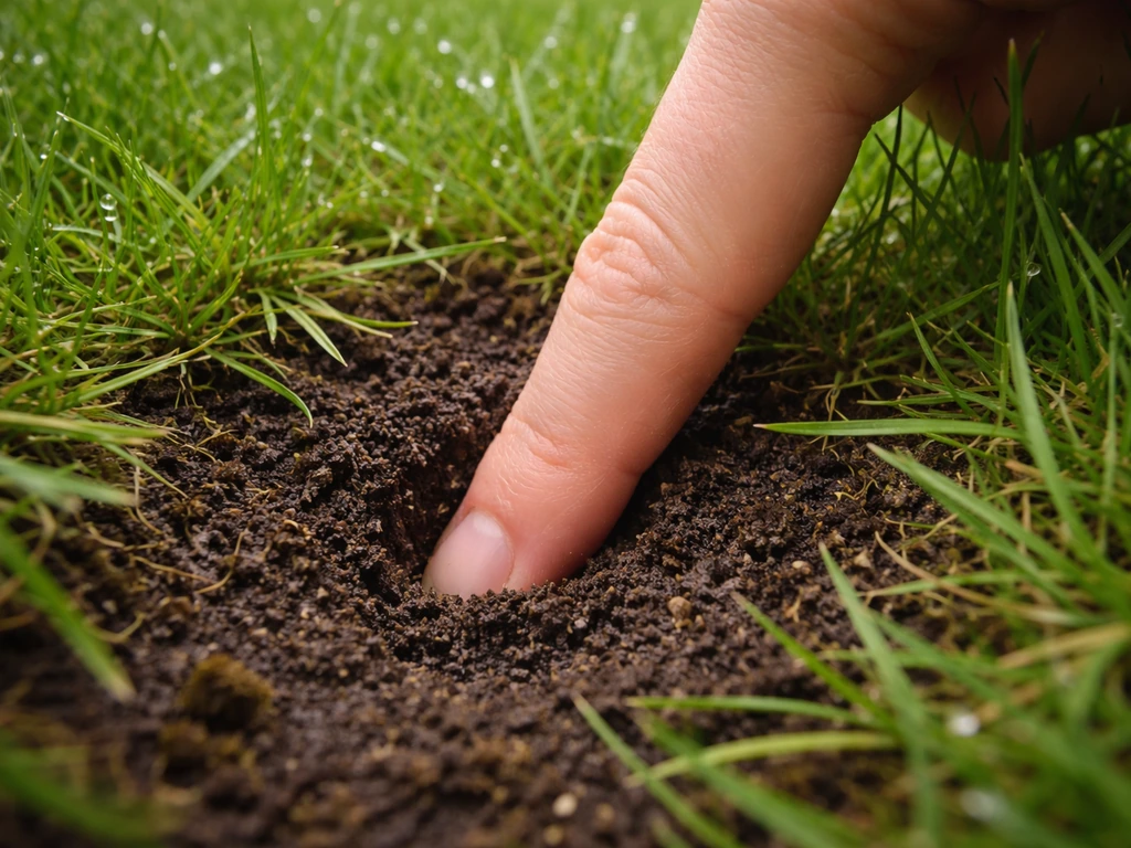 Persoon steekt een vinger 1–2 cm in natte maar niet-glibberige grasgrond, net na regen