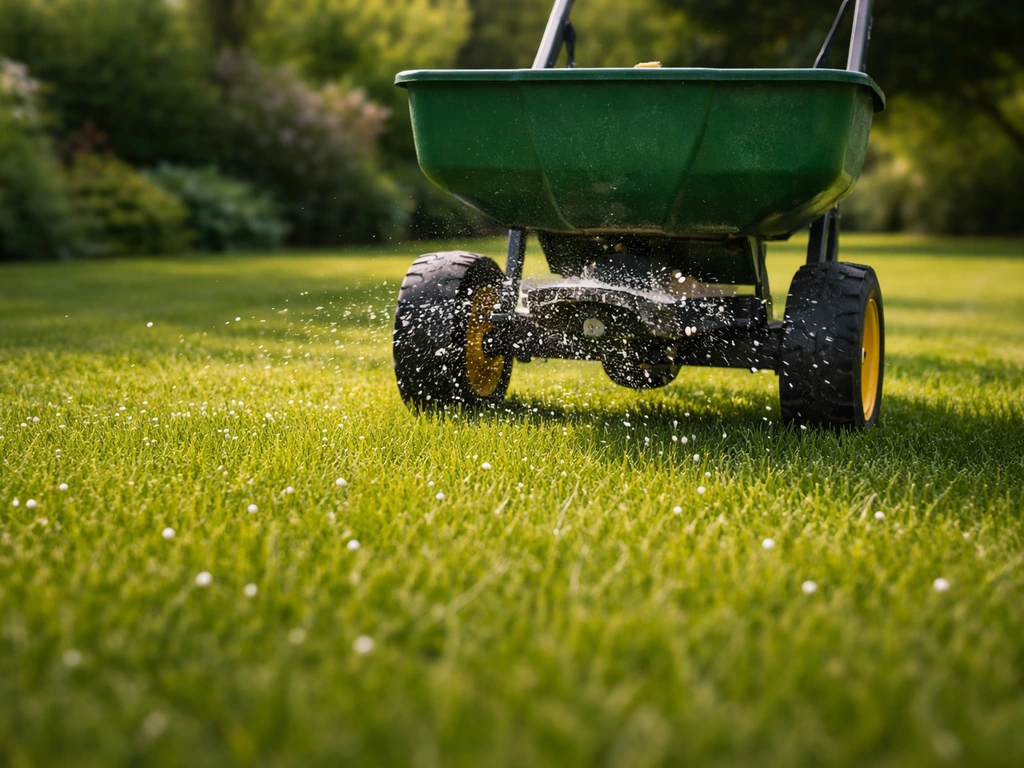 Groen siergazon in lente/zomer met mestkorrels die net worden gestrooid met een tuinmeststrooier.