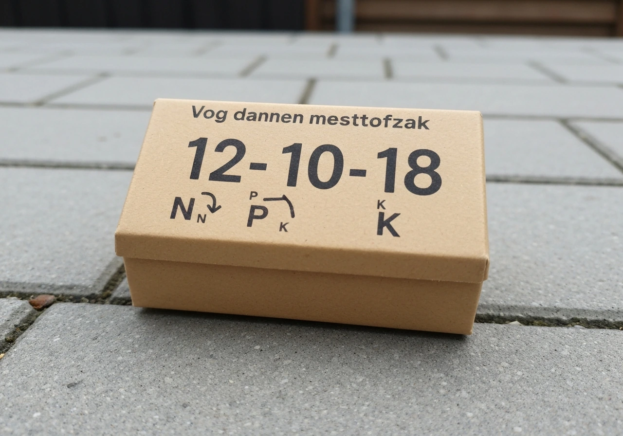 Close-up van een meststofzak met duidelijke cijfers 12-10-18 en kleine N-, P- en K-pictogrammen.