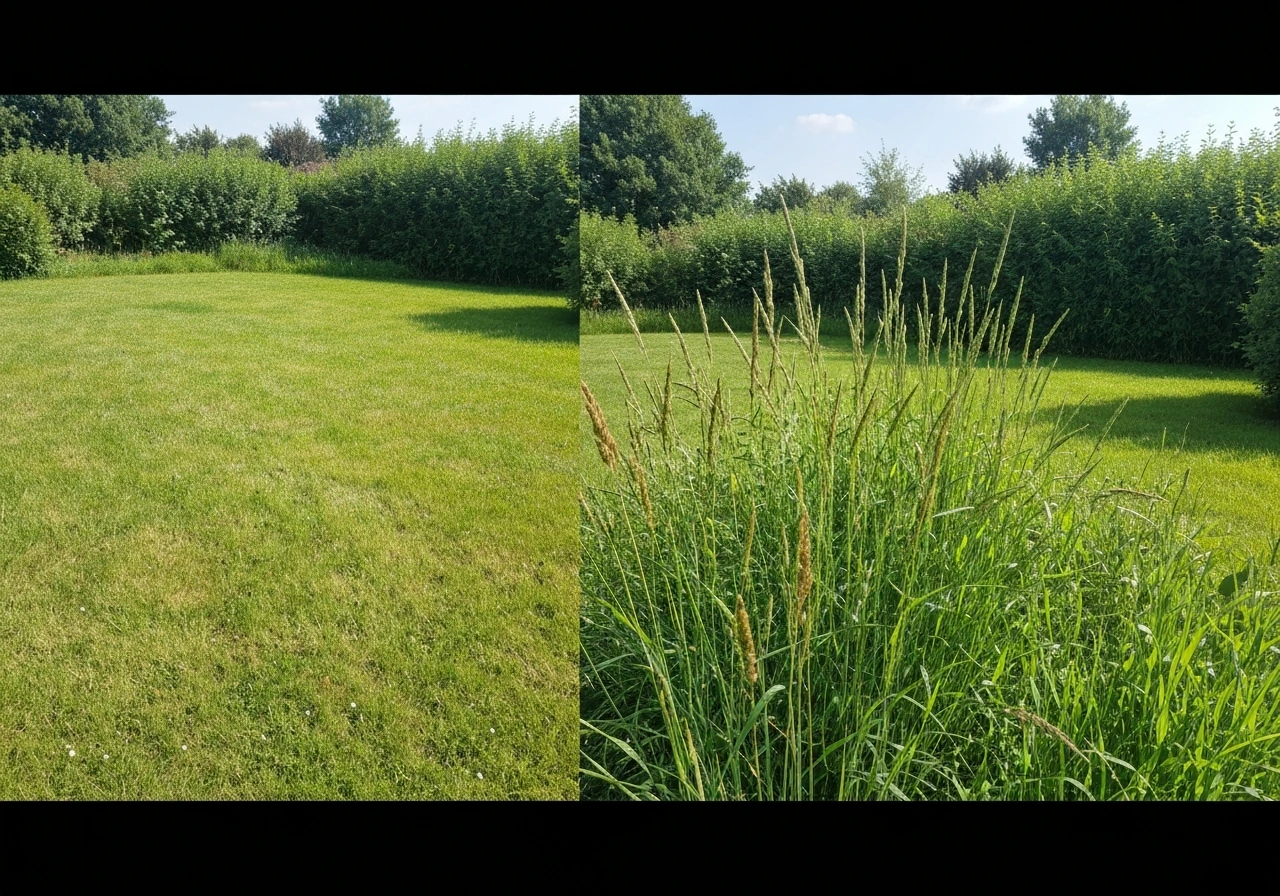 Twee stroken gazon naast elkaar: links slap lichtgroen gras, rechts voller en sterker groeiend na aanpassing.