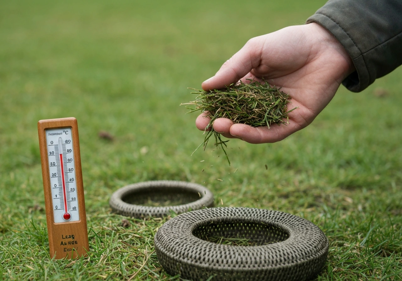 Tuinier bij een grasveld met een thermometer en mestkorrels, met nadruk op wel/niet-momenten