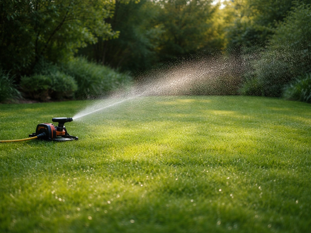 Groen gazon met werkende sproeier die gelijkmatig water verstuift in een rustige Nederlandse tuin.