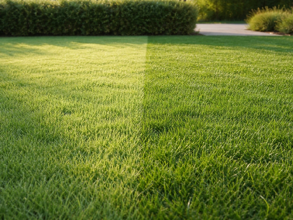 Luchtig groen gazon met jonge lentegroei en een strook waar na drogere dagen vaker is gesproeid