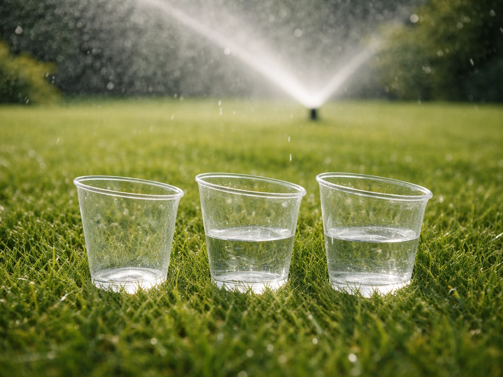 Meetpotjes met kleine hoeveelheid water op het gazon terwijl de sproeier nevel laat vallen.