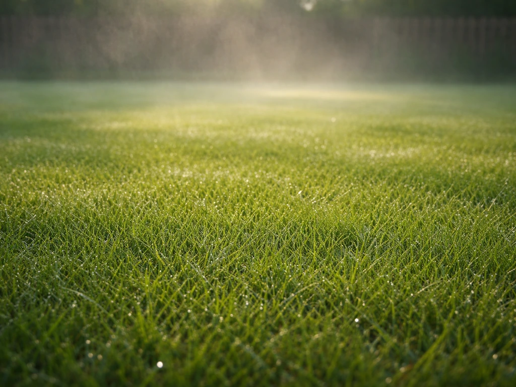 Mistige vroege ochtend op het gazon met fijne waterdruppels en droog ogende grassprieten, zonder mensen.