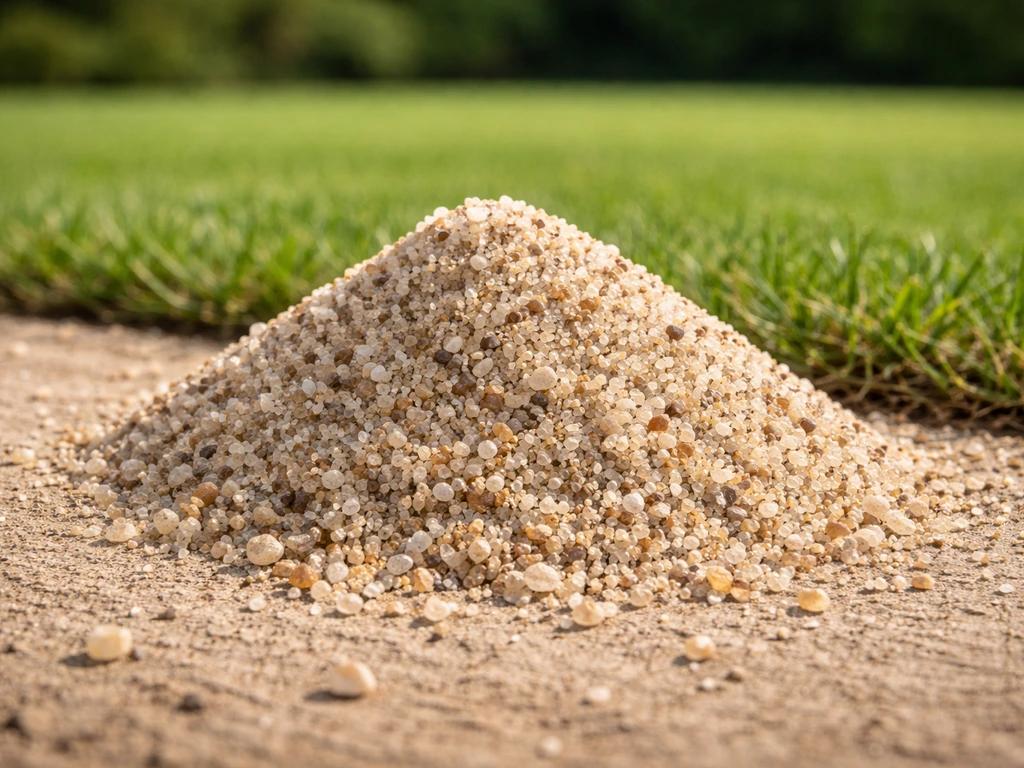 Close-up van scherp, hoekig kwartszand met zichtbare korrels naast een onscherp gazonoppervlak.