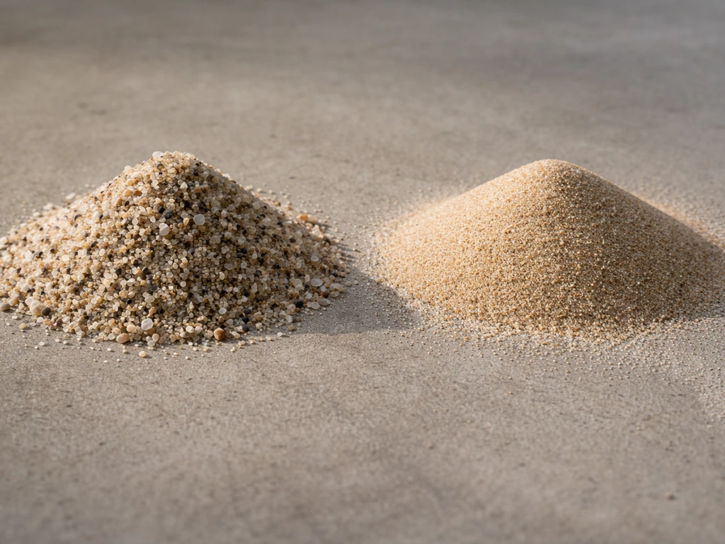 Close-up van twee kleine hopen zand: hoekig scherp zand naast rond strandzand, duidelijke korrelstructuur.