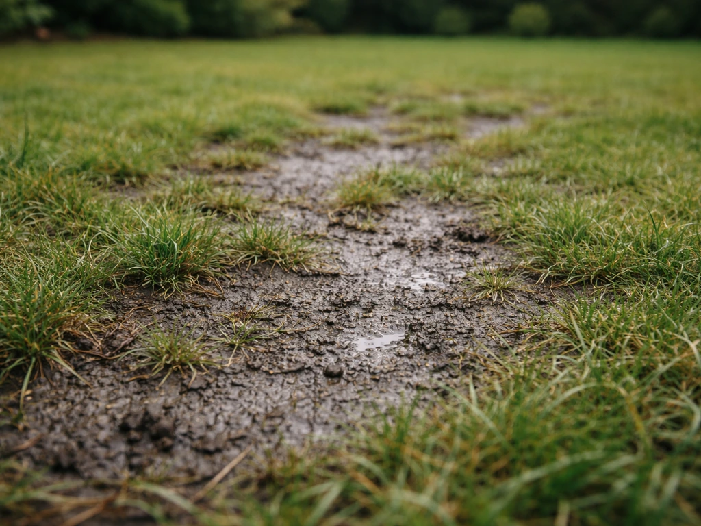 Close-up van verdicht gazon met zichtbare sporen en poffende, kleverige toplaag na regen.