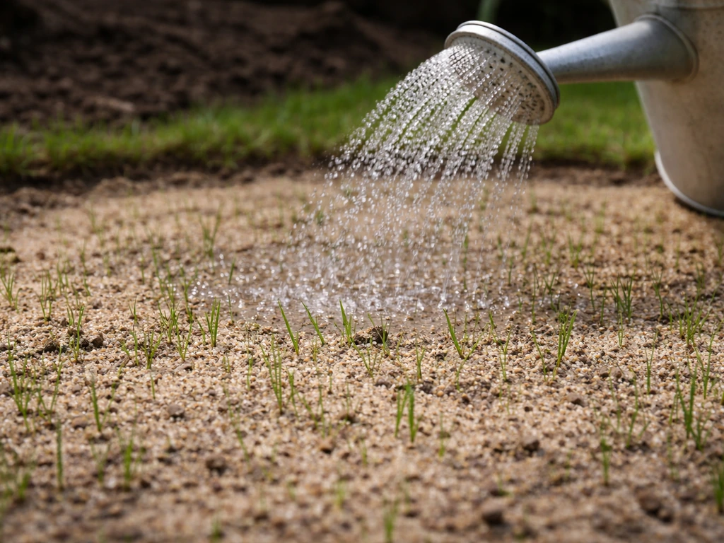 Close-up van een pas doorgezaaide grasmat met bezand en een gieter die fijn water over het zaad giet.