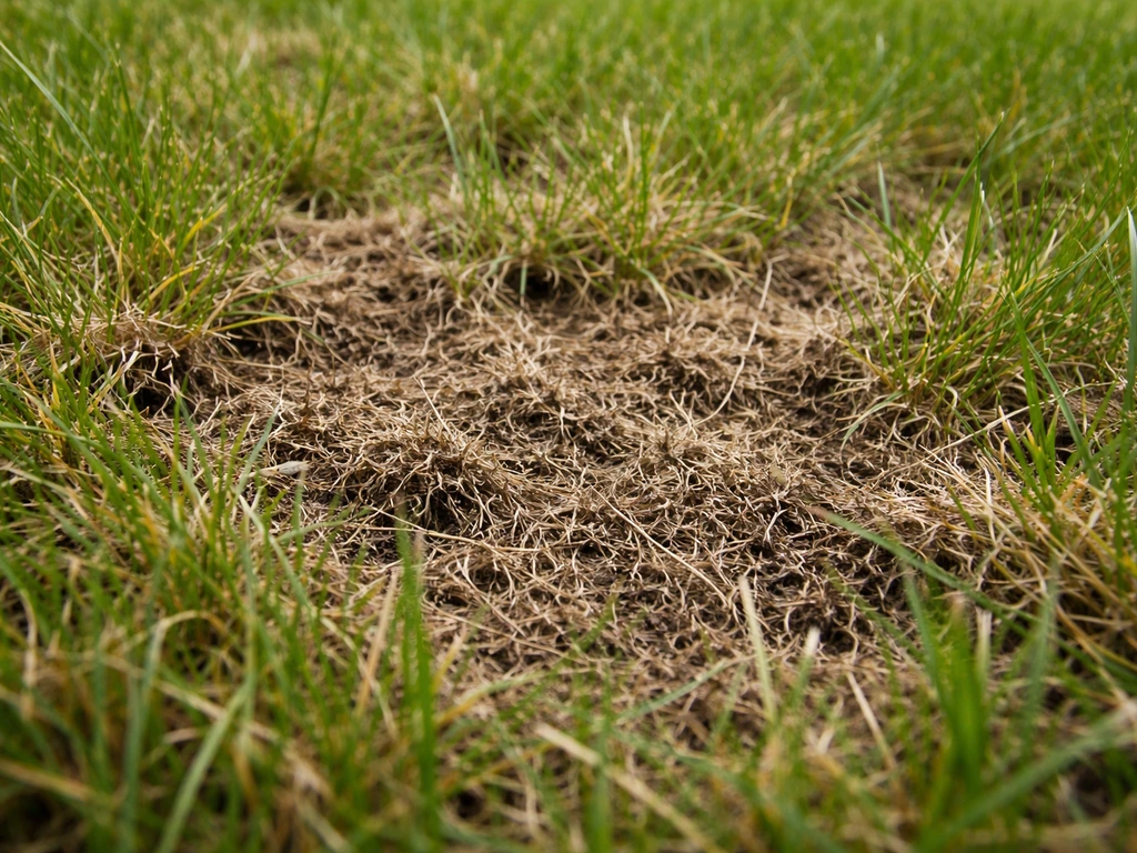 Close-up van graspolletjes met zichtbare viltlaag op de bodem, als teken dat verticuteren nodig is.