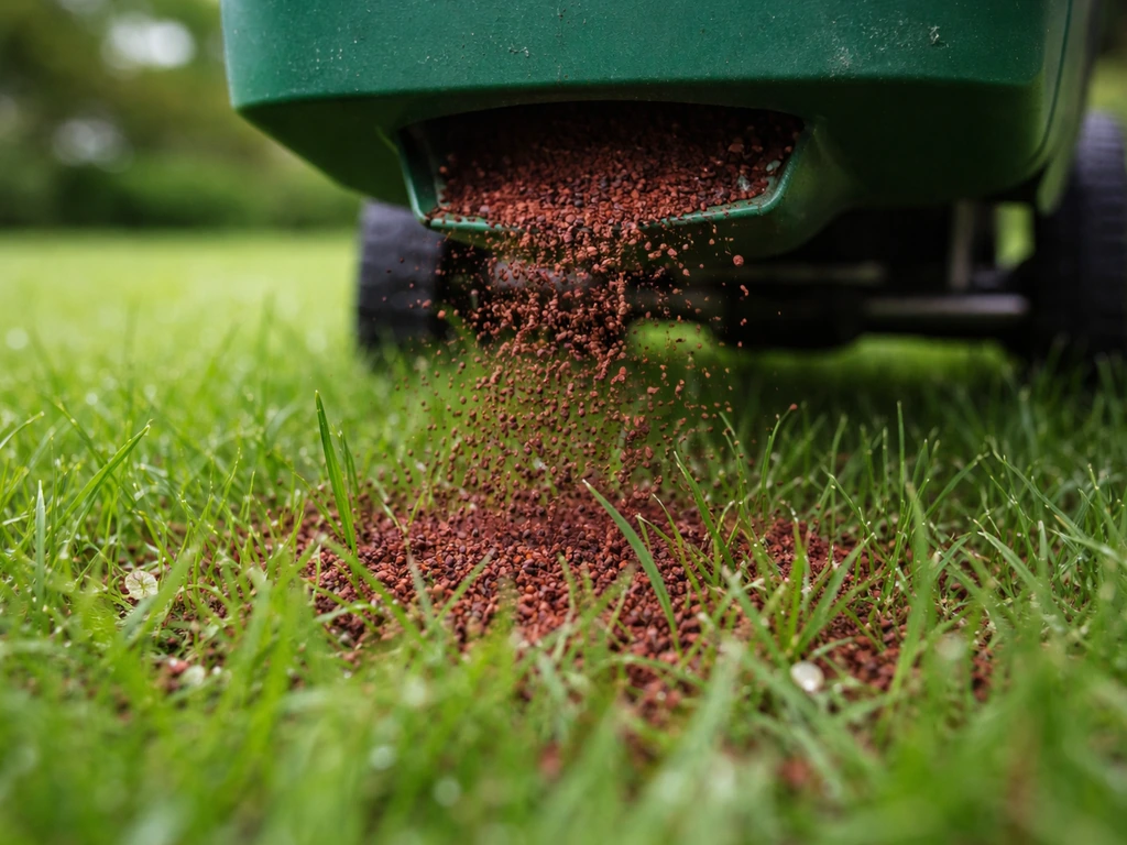Fijnkorrelig bloedmeel valt uit een strooier op een groen gazon, met korrels zichtbaar tussen het gras.