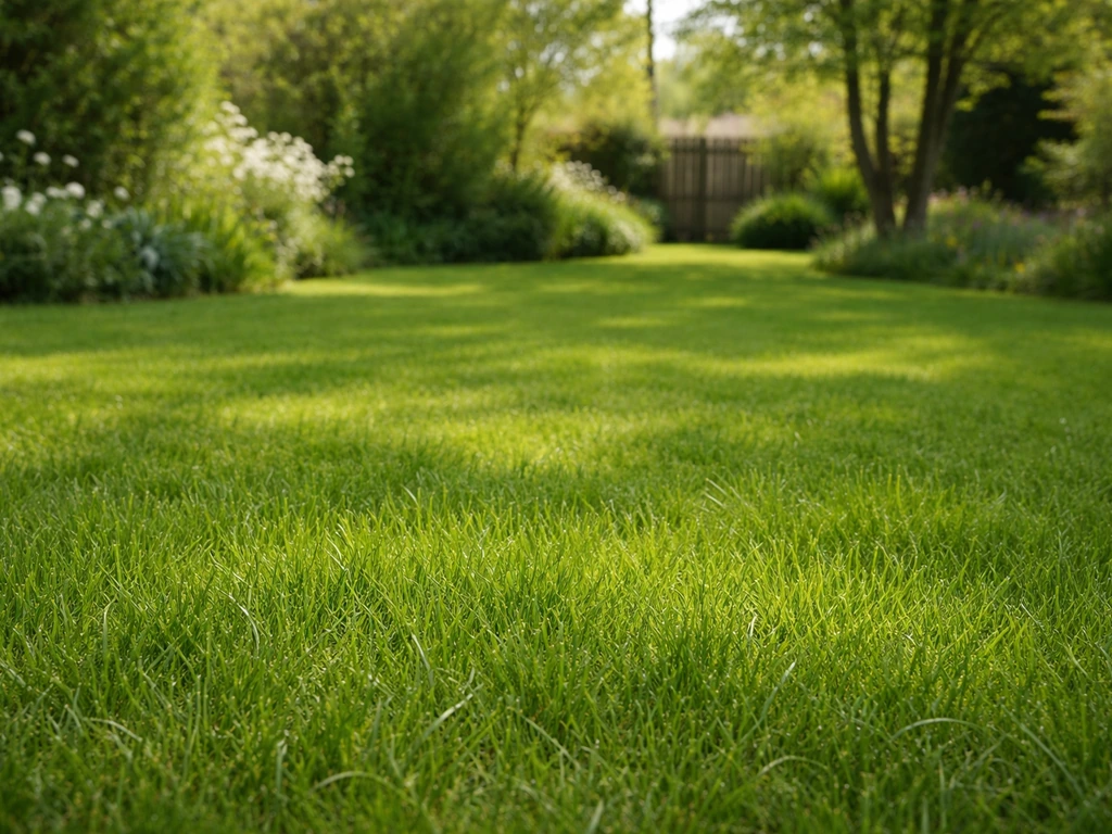 Voorjaarsgazon met fris, actief groeiend gras en een korte maaizone rond 4–5 cm, in een rustige tuin.